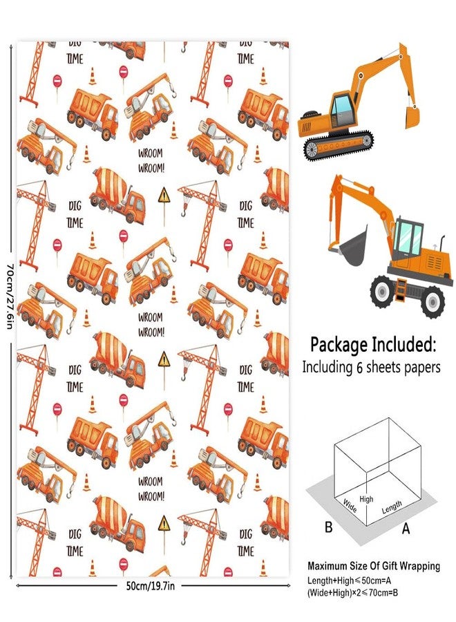 Geluode Construction Wrapping Paper, 6 Sheet Excavator Tractor Dump Truck Bulldozer Mixers Dumper Vehicles Pattern Road Under Construction Wrapping Paper for Kids Boys Men Birthday - Folded Flat 28x20 Inches - Image 2